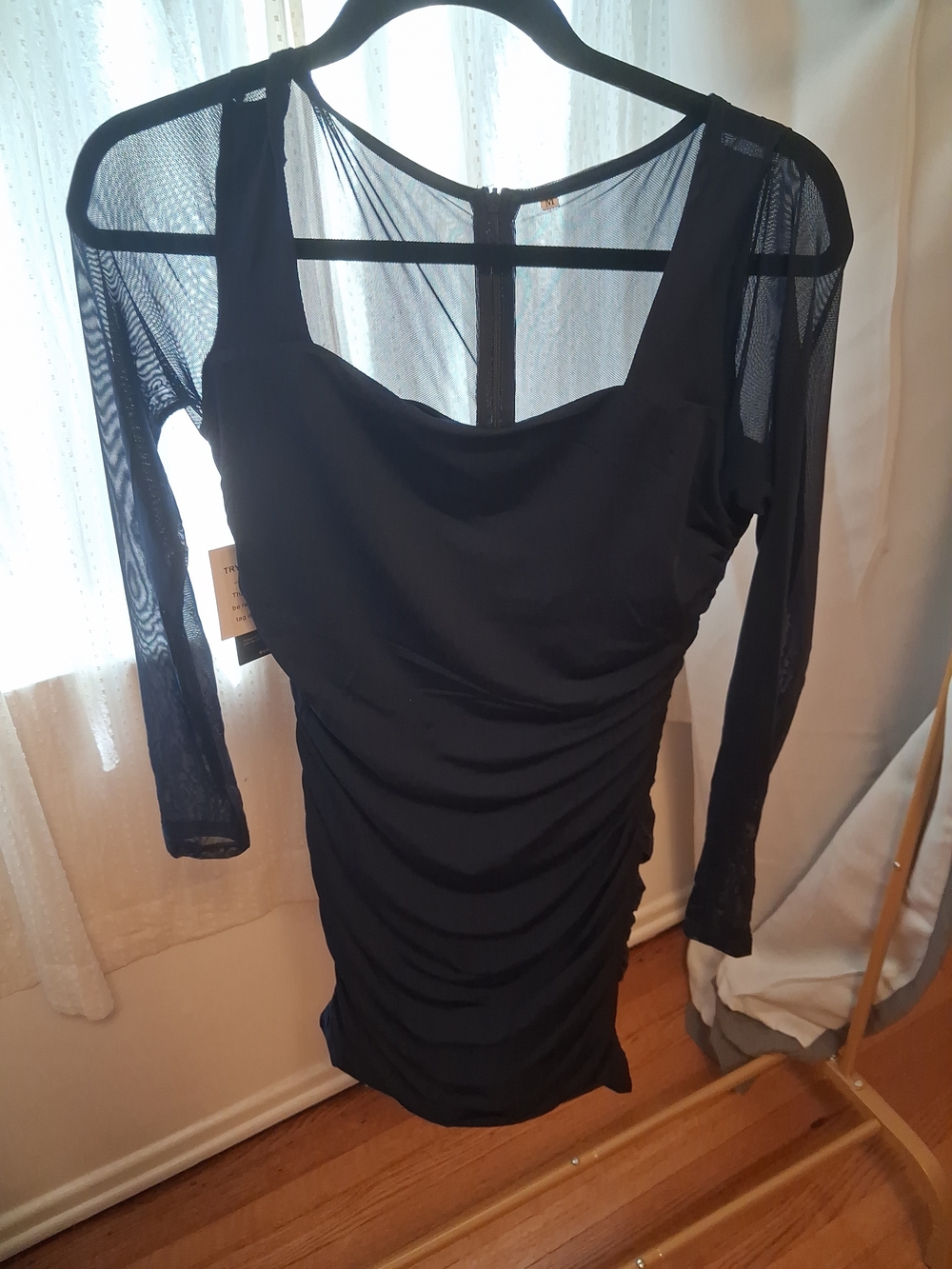 Navy Blue Mesh-Sleeve Ruched Women’s Dress M